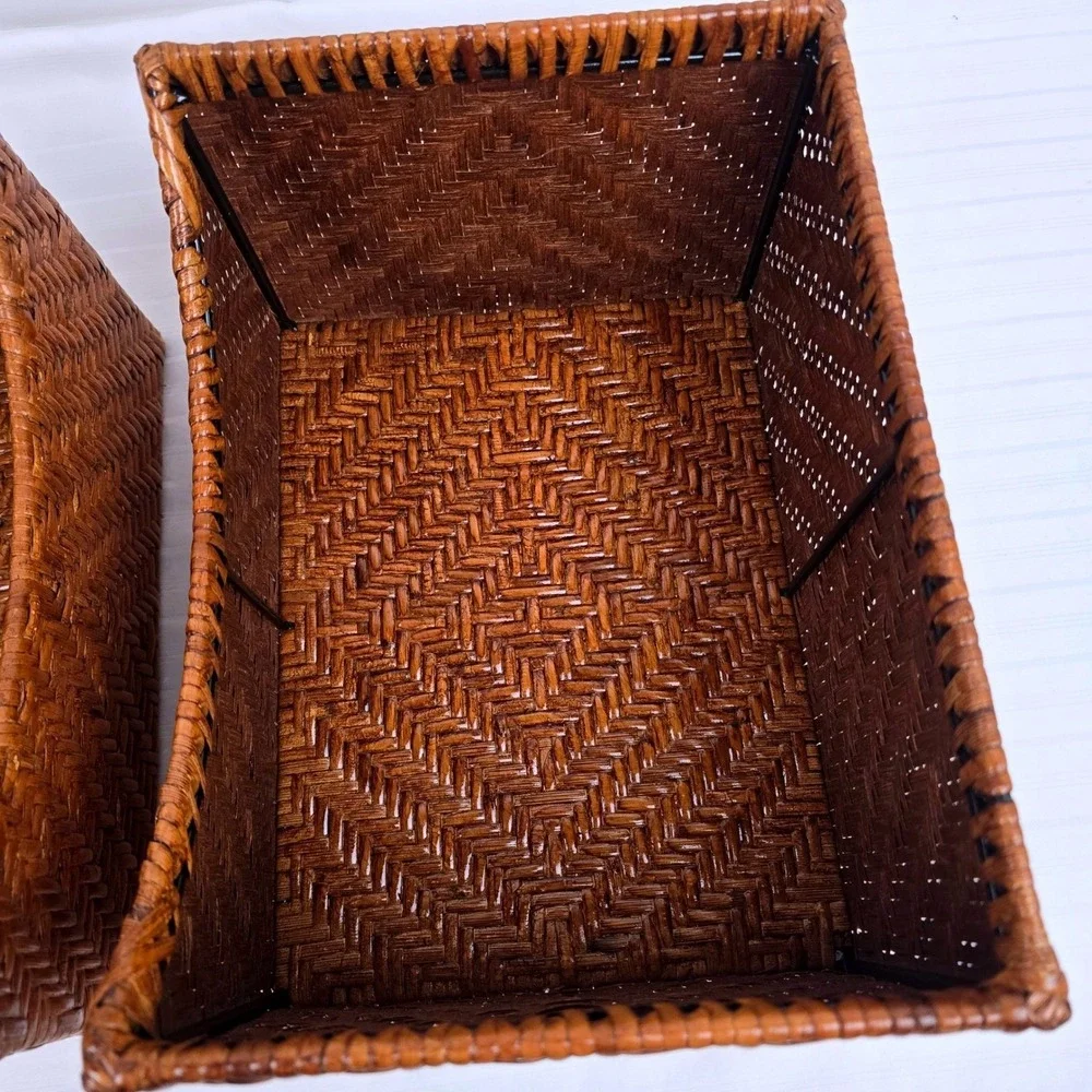 Set of 2 Woven Wicker Storage Baskets Brown Chevron Sloped‎ Farmhouse Organizer
